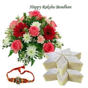 Rakhi with Mix Flowers n Kaju Katli